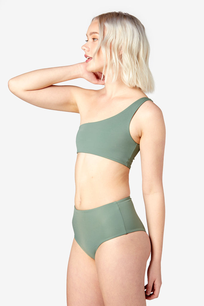 The Flirt Bottom - Green One Shoulder Swimsuit - Green Asymmetrical Swimsuit - Green Bikini Set- Sustainable Bikini