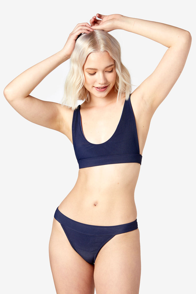 The Dreamer Bottom - Ethically Made Swimsuit - Scoop Neck Bikini Top - Blue Ribbed Bikini Bottom - Ribbed Bikini Bottom