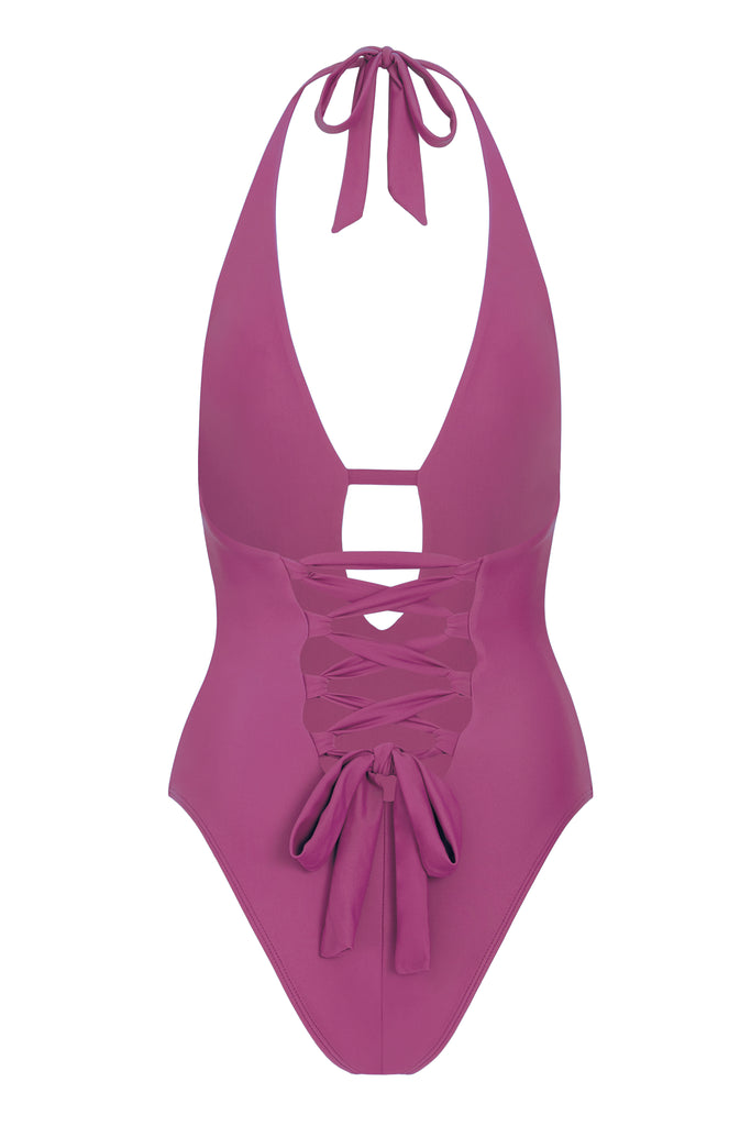 The Deep - Bathing Suit for Big Bust - DD Bathing Suits - Purple Tie Back Swimsuit - Purple Halter Top One Piece